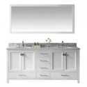 Caroline Avenue 72" Double Bathroom Vanity in White with Marble Top and Round Sink with Polished Chrome Faucet and Mirror