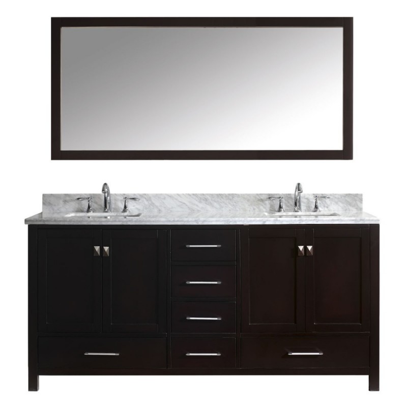Caroline Avenue 72" Double Bathroom Vanity in Espresso with Marble Top and Square Sink with Polished Chrome Faucet and Mirror