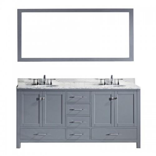 Caroline Avenue 72" Double Bathroom Vanity in Grey with Marble Top and Square Sink with Brushed Nickel Faucet and Mirror