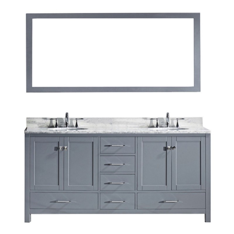 Caroline Avenue 72" Double Bathroom Vanity in Grey with Marble Top and Square Sink with Brushed Nickel Faucet and Mirror