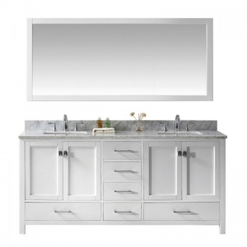 Caroline Avenue 72" Double Bathroom Vanity in White with Marble Top and Square Sink with Polished Chrome Faucet and Mirror