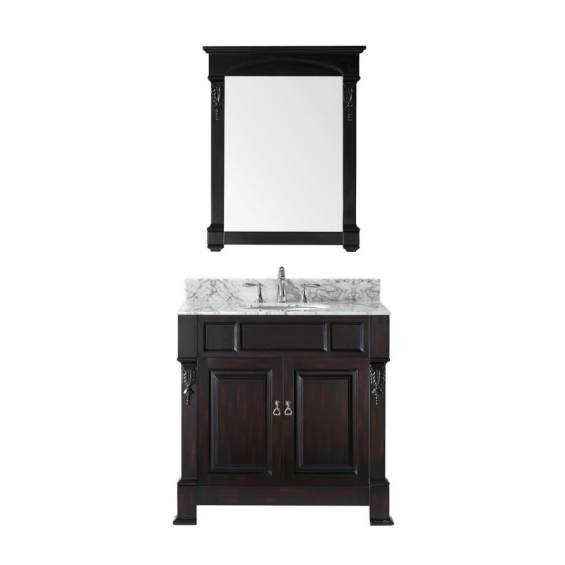 Huntshire 36" Single Bathroom Vanity in Dark Walnut with Marble Top and Round Sink with Mirror