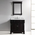 Huntshire 36" Single Bathroom Vanity in Dark Walnut with Marble Top and Square Sink with Brushed Nickel Faucet and Mirror
