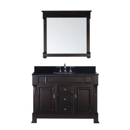 Huntshire 48" Single Bathroom Vanity in Dark Walnut with Black Galaxy Granite Top and Square Sink with Mirror
