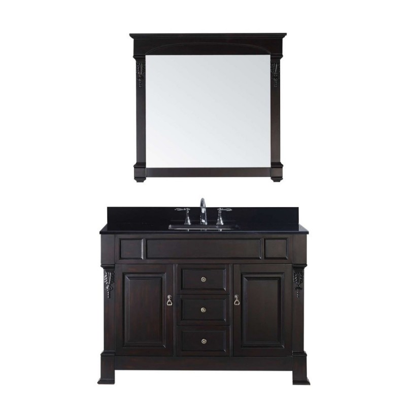 Huntshire 48" Single Bathroom Vanity in Dark Walnut with Black Galaxy Granite Top and Square Sink with Mirror