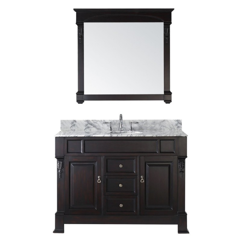 Huntshire 48" Single Bathroom Vanity in Dark Walnut with Marble Top and Round Sink with Polished Chrome Faucet and Mirror