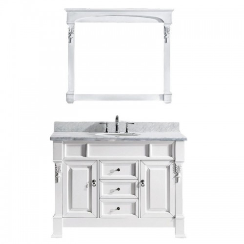 Huntshire 48" Single Bathroom Vanity in White with Marble Top and Round Sink with Mirror