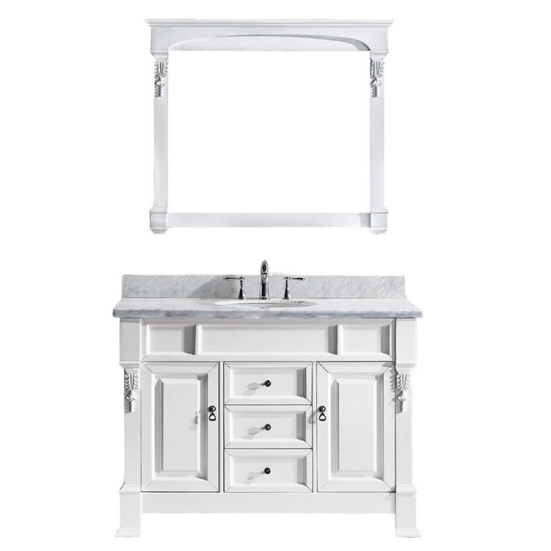 Huntshire 48" Single Bathroom Vanity in White with Marble Top and Round Sink with Mirror