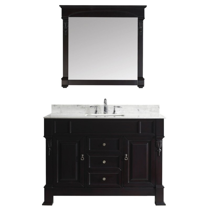 Huntshire 48" Single Bathroom Vanity in Dark Walnut with Marble Top and Square Sink with Brushed Nickel Faucet and Mirror