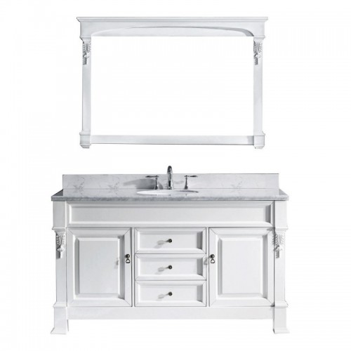 Huntshire 60" Single Bathroom Vanity in White with Marble Top and Round Sink with Brushed Nickel Faucet and Mirror