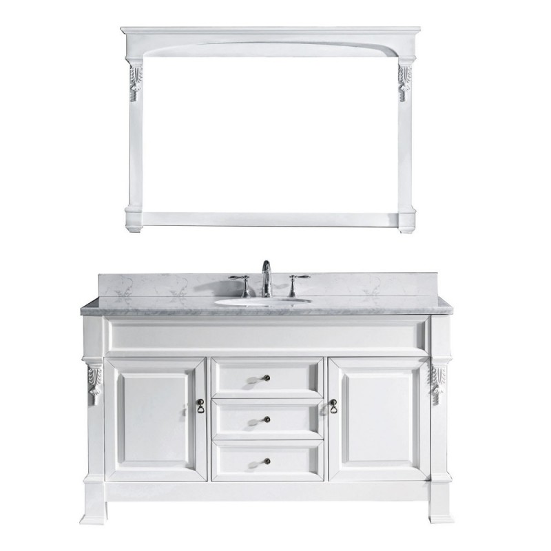 Huntshire 60" Single Bathroom Vanity in White with Marble Top and Round Sink with Brushed Nickel Faucet and Mirror