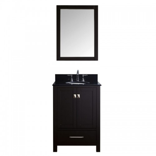 Caroline Avenue 24" Single Bathroom Vanity in Espresso with Black Galaxy Granite Top and Round Sink with Polished Chrome Faucet and Mirror