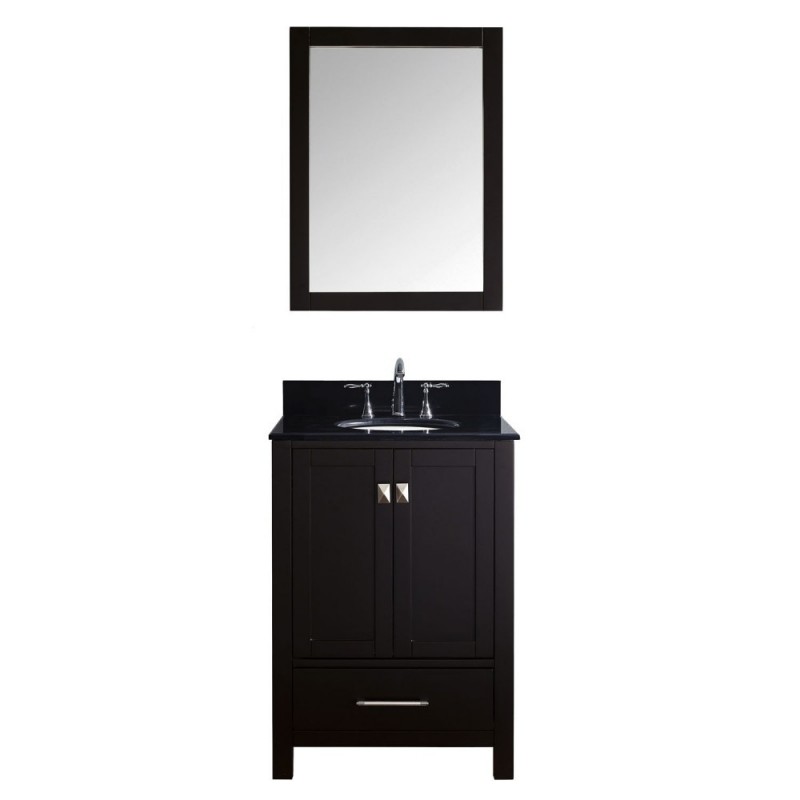 Caroline Avenue 24" Single Bathroom Vanity in Espresso with Black Galaxy Granite Top and Round Sink with Polished Chrome Faucet and Mirror