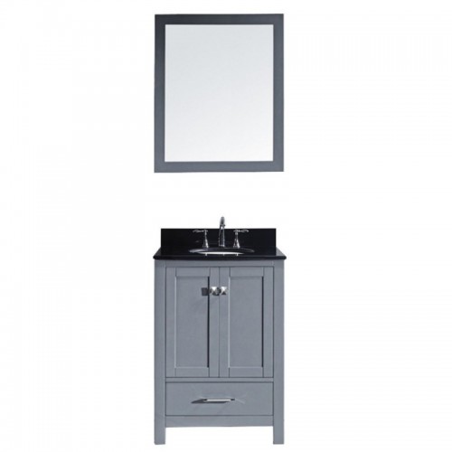 Caroline Avenue 24" Single Bathroom Vanity in Grey with Black Galaxy Granite Top and Round Sink with Brushed Nickel Faucet and Mirror