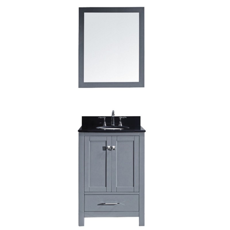 Caroline Avenue 24" Single Bathroom Vanity in Grey with Black Galaxy Granite Top and Round Sink with Brushed Nickel Faucet and Mirror