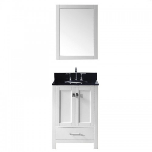 Caroline Avenue 24" Single Bathroom Vanity in White with Black Galaxy Granite Top and Round Sink with Brushed Nickel Faucet and Mirror
