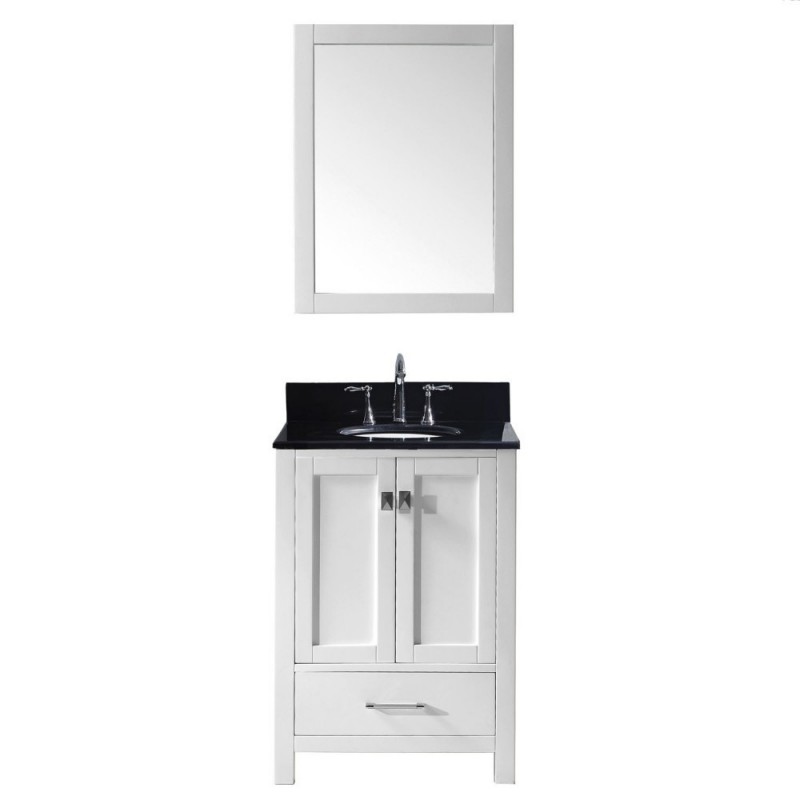 Caroline Avenue 24" Single Bathroom Vanity in White with Black Galaxy Granite Top and Round Sink with Brushed Nickel Faucet and Mirror