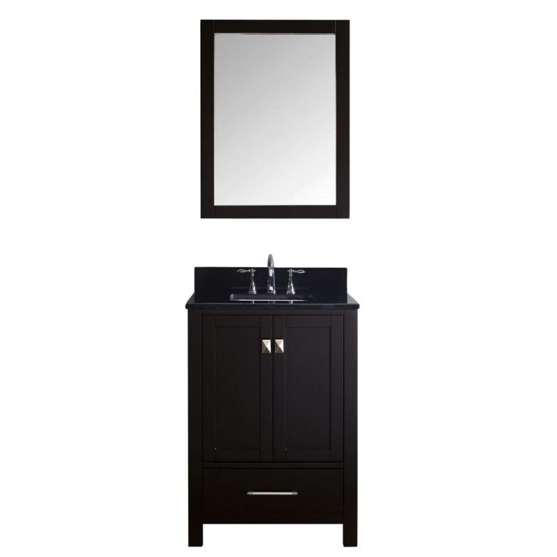 Caroline Avenue 24" Single Bathroom Vanity in Espresso with Black Galaxy Granite Top and Square Sink with Brushed Nickel Faucet and Mirror