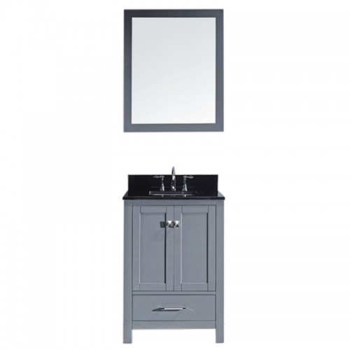 Caroline Avenue 24" Single Bathroom Vanity in Grey with Black Galaxy Granite Top and Square Sink with Polished Chrome Faucet and Mirror