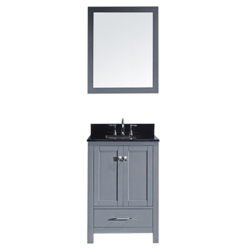 Caroline Avenue 24" Single Bathroom Vanity in Grey with Black Galaxy Granite Top and Square Sink with Polished Chrome Faucet and Mirror
