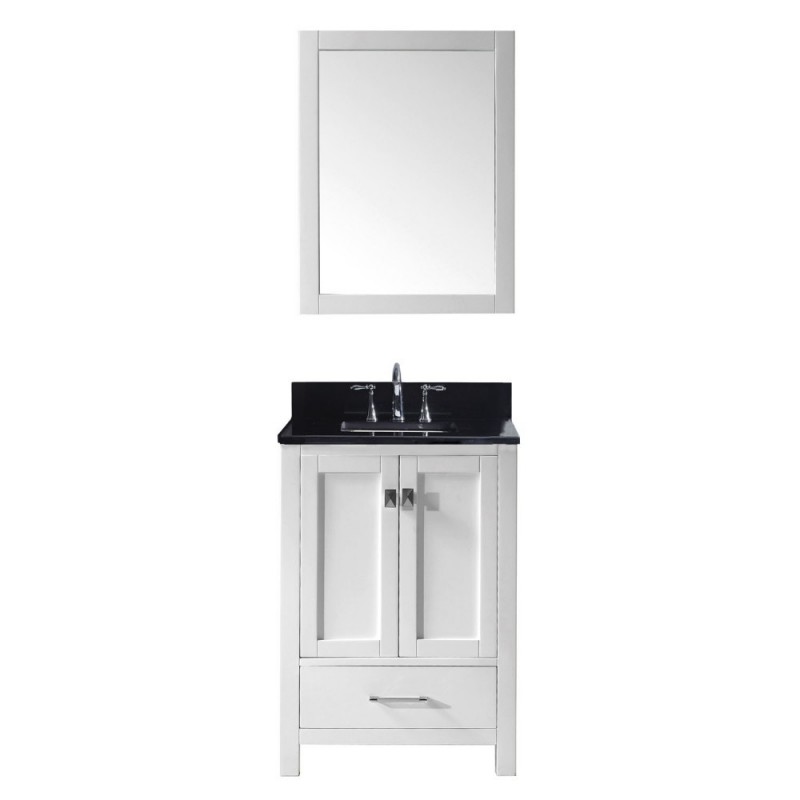 Caroline Avenue 24" Single Bathroom Vanity in White with Black Galaxy Granite Top and Square Sink with Brushed Nickel Faucet and Mirror