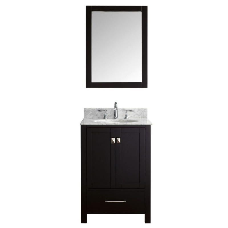 Caroline Avenue 24" Single Bathroom Vanity in Espresso with Marble Top and Round Sink with Polished Chrome Faucet and Mirror