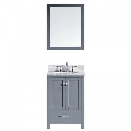 Caroline Avenue 24" Single Bathroom Vanity in Grey with Marble Top and Round Sink with Brushed Nickel Faucet and Mirror