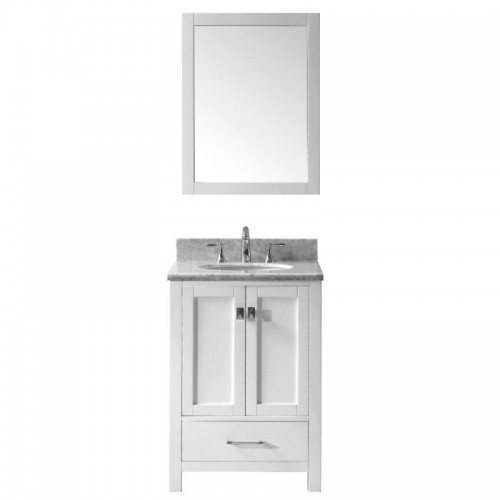 Caroline Avenue 24" Single Bathroom Vanity in White with Marble Top and Round Sink with Brushed Nickel Faucet and Mirror