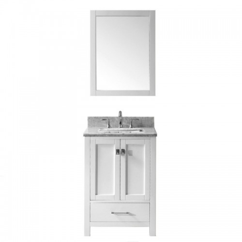Caroline Avenue 24" Single Bathroom Vanity in White with Marble Top and Square Sink with Brushed Nickel Faucet and Mirror