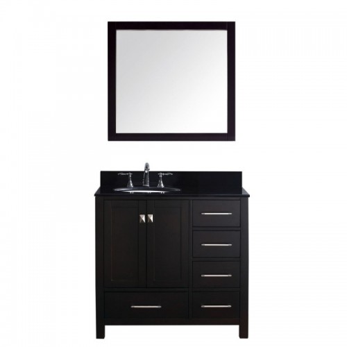 Caroline Avenue 36" Single Bathroom Vanity in Espresso with Black Galaxy Granite Top and Round Sink with Brushed Nickel Faucet and Mirror