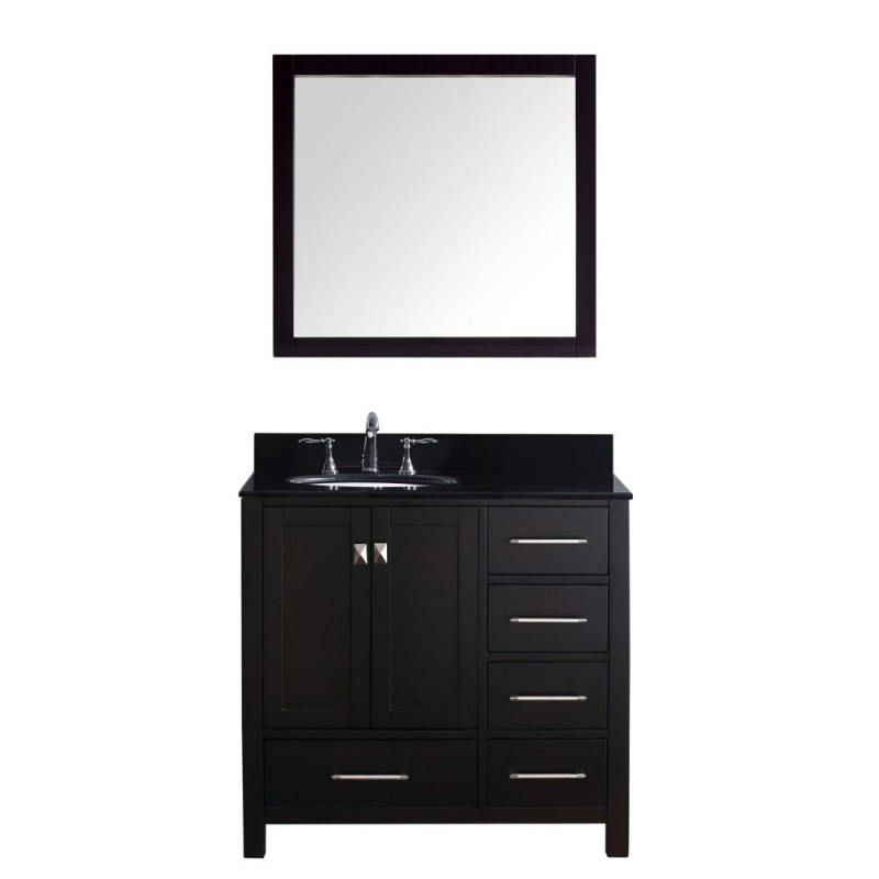 Caroline Avenue 36" Single Bathroom Vanity in Espresso with Black Galaxy Granite Top and Round Sink with Polished Chrome Faucet and Mirror