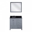Caroline Avenue 36" Single Bathroom Vanity in Grey with Black Galaxy Granite Top and Round Sink with Brushed Nickel Faucet and Mirror