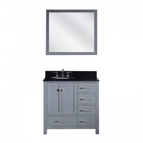 Caroline Avenue 36" Single Bathroom Vanity in Grey with Black Galaxy Granite Top and Round Sink with Polished Chrome Faucet and Mirror