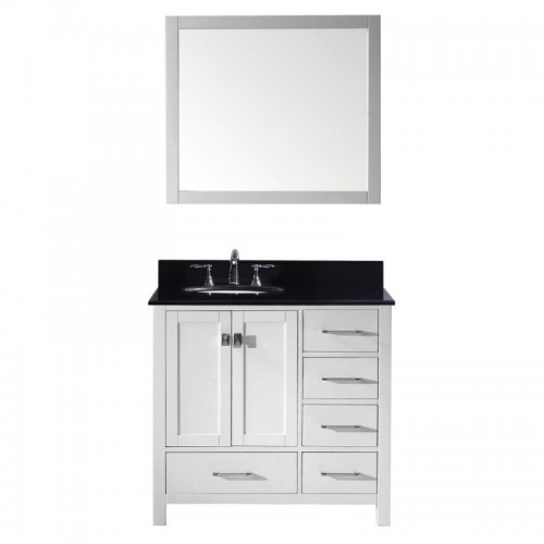 Caroline Avenue 36" Single Bathroom Vanity in White with Black Galaxy Granite Top and Round Sink with Mirror
