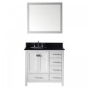 Caroline Avenue 36" Single Bathroom Vanity in White with Black Galaxy Granite Top and Round Sink with Brushed Nickel Faucet and Mirror