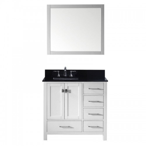 Caroline Avenue 36" Single Bathroom Vanity in White with Black Galaxy Granite Top and Square Sink with Brushed Nickel Faucet and Mirror