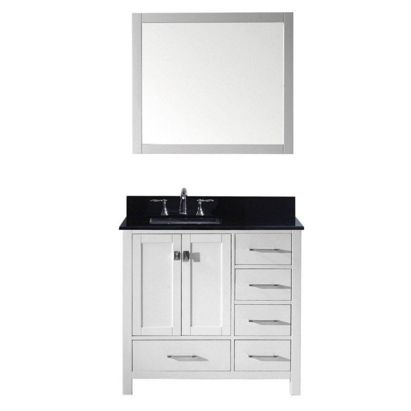 Caroline Avenue 36" Single Bathroom Vanity in White with Black Galaxy Granite Top and Square Sink with Brushed Nickel Faucet and Mirror