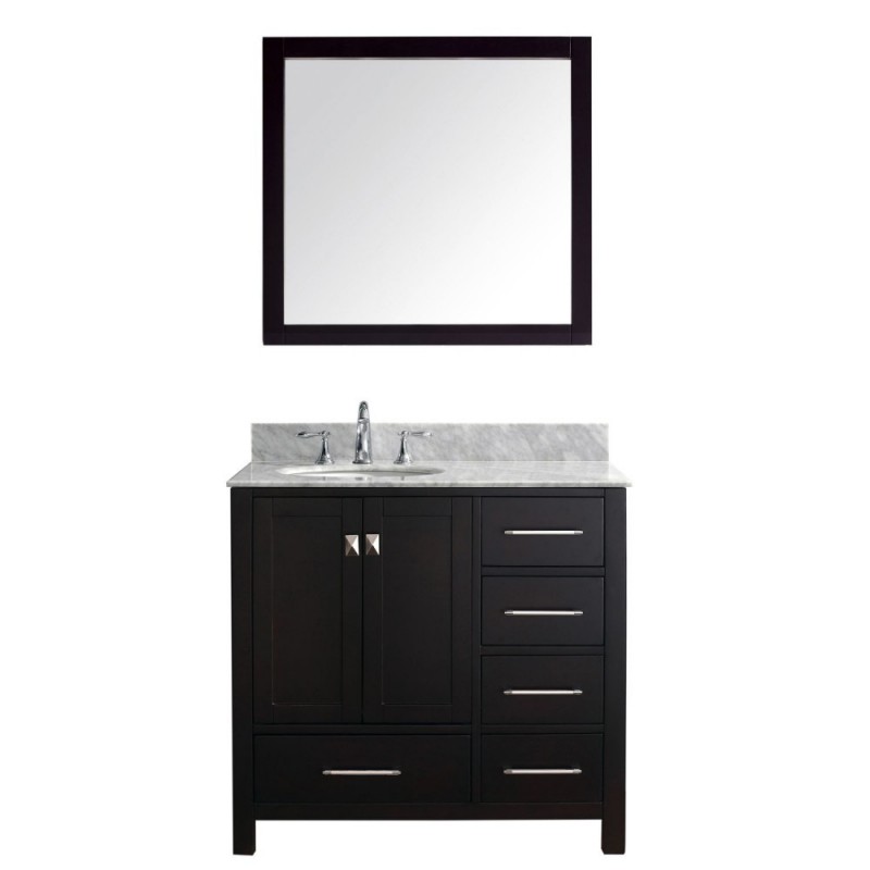 Caroline Avenue 36" Single Bathroom Vanity in Espresso with Marble Top and Round Sink with Polished Chrome Faucet and Mirror