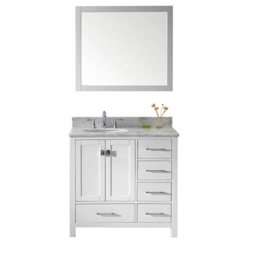 Caroline Avenue 36" Single Bathroom Vanity in White with Marble Top and Round Sink with Brushed Nickel Faucet and Mirror