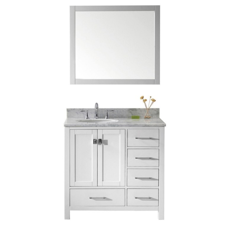 Caroline Avenue 36" Single Bathroom Vanity in White with Marble Top and Round Sink with Brushed Nickel Faucet and Mirror
