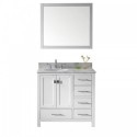 Caroline Avenue 36" Single Bathroom Vanity in White with Marble Top and Round Sink with Brushed Nickel Faucet and Mirror