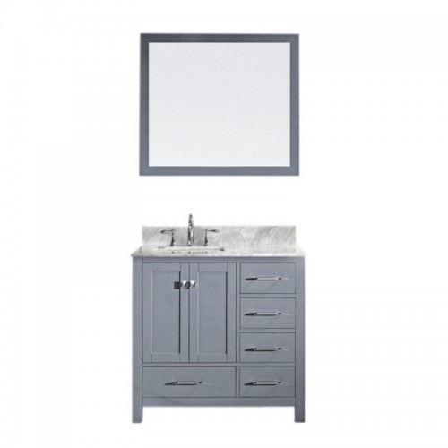 Caroline Avenue 36" Single Bathroom Vanity in Grey with Marble Top and Square Sink with Polished Chrome Faucet and Mirror