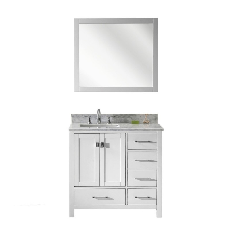 Caroline Avenue 36" Single Bathroom Vanity in White with Marble Top and Square Sink with Brushed Nickel Faucet and Mirror
