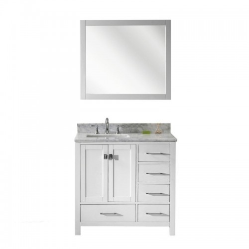 Caroline Avenue 36" Single Bathroom Vanity in White with Marble Top and Square Sink with Polished Chrome Faucet and Mirror