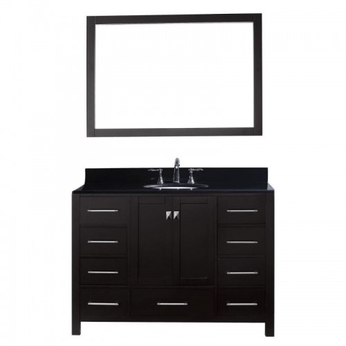 Caroline Avenue 48" Single Bathroom Vanity in Espresso with Black Galaxy Granite Top and Round Sink with Brushed Nickel Faucet and Mirror