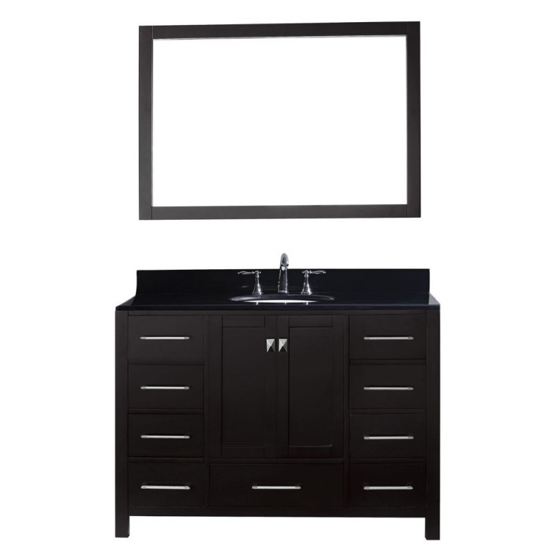 Caroline Avenue 48" Single Bathroom Vanity in Espresso with Black Galaxy Granite Top and Round Sink with Brushed Nickel Faucet and Mirror