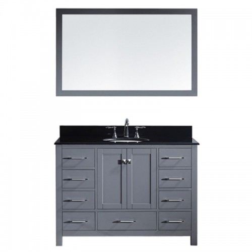 Caroline Avenue 48" Single Bathroom Vanity in Grey with Black Galaxy Granite Top and Round Sink with Polished Chrome Faucet and Mirror