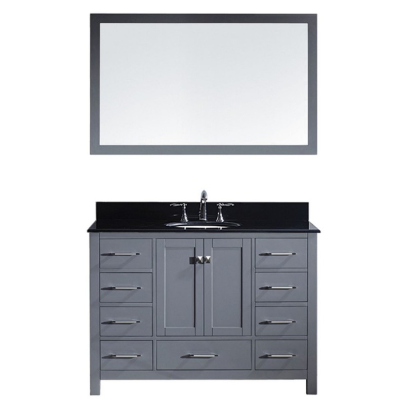 Caroline Avenue 48" Single Bathroom Vanity in Grey with Black Galaxy Granite Top and Round Sink with Polished Chrome Faucet and Mirror