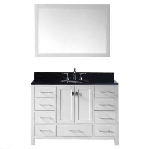 Caroline Avenue 48" Single Bathroom Vanity in White with Black Galaxy Granite Top and Round Sink with Polished Chrome Faucet and Mirror