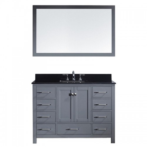 Caroline Avenue 48" Single Bathroom Vanity in Grey with Black Galaxy Granite Top and Square Sink with Polished Chrome Faucet and Mirror